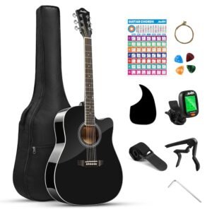 Moukey 41" Acoustic Guitar for Beginners Adult Teen Full Size Guitarra Acustica with Chord Poster, Gig Bag, Tuner,Steel Strings, Capo, Strap - Black Moukey 41" Acoustic Guitar for Beginners Adult Teen Full Size Guitarra Acustica with Chord Poster, Gig Bag, Tuner,Steel Strings, Capo, Strap - Black