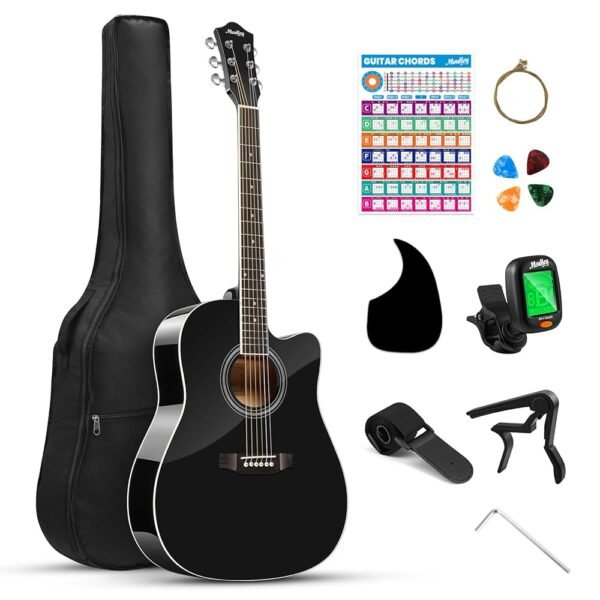 Moukey 41" Acoustic Guitar for Beginners Adult Teen Full Size Guitarra Acustica with Chord Poster, Gig Bag, Tuner,Steel Strings, Capo, Strap - Black Moukey 41" Acoustic Guitar for Beginners Adult Teen Full Size Guitarra Acustica with Chord Poster, Gig Bag, Tuner,Steel Strings, Capo, Strap - Black