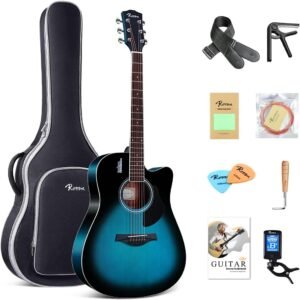 Rosen Solid Top Dreadnought Acoustic Guitar 41 Inches Spruce Guitar Beginner Bundle with Book, Padded Bag, Strings, Picks, Hexwrench, Strap, Polishing Cloth, Blue Rosen Solid Top Dreadnought Acoustic Guitar 41 Inches Spruce Guitar Beginner Bundle with Book, Padded Bag, Strings, Picks, Hexwrench, Strap, Polishing Cloth, Blue