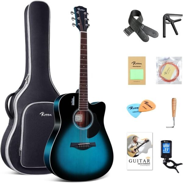Rosen Solid Top Dreadnought Acoustic Guitar 41 Inches Spruce Guitar Beginner Bundle with Book, Padded Bag, Strings, Picks, Hexwrench, Strap, Polishing Cloth, Blue Rosen Solid Top Dreadnought Acoustic Guitar 41 Inches Spruce Guitar Beginner Bundle with Book, Padded Bag, Strings, Picks, Hexwrench, Strap, Polishing Cloth, Blue