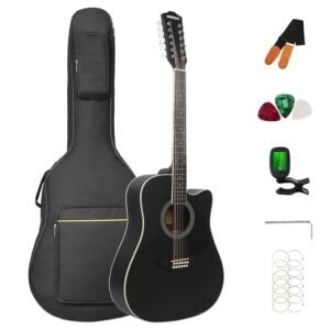 12 String Acoustic Guitar Cutaway,Adjustable Truss Rod Full Size Bundle with Gig Bag,Tuner,Strings,Strap, Picks, Black By Janerock 12 String Acoustic Guitar Cutaway,Adjustable Truss Rod Full Size Bundle with Gig Bag,Tuner,Strings,Strap, Picks, Black By Janerock