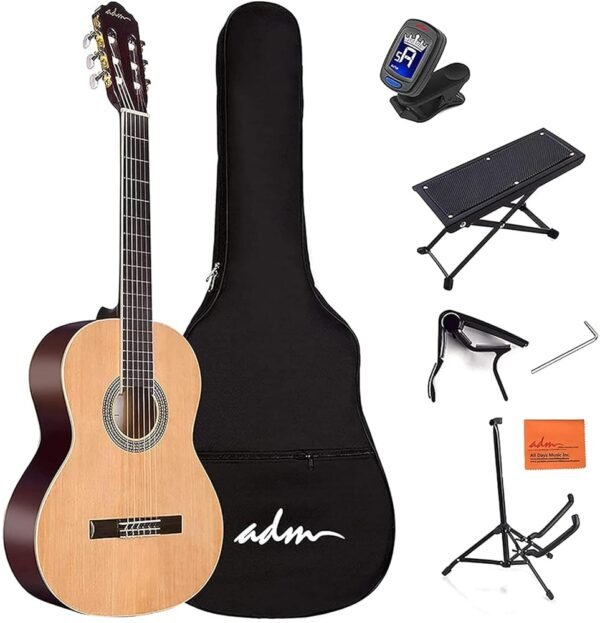 ADM Full Size Classical Nylon Strings Acoustic Guitar 29 x 75x 50mm Classic Guitarra Starter Bundle for Adult with Free Lessons, Gig Bag, Tuner, Footstool, Kids Student Beginner... ADM Full Size Classical Nylon Strings Acoustic Guitar 29 x 75x 50mm Classic Guitarra Starter Bundle for Adult with Free Lessons, Gig Bag, Tuner, Footstool, Kids Student Beginner...