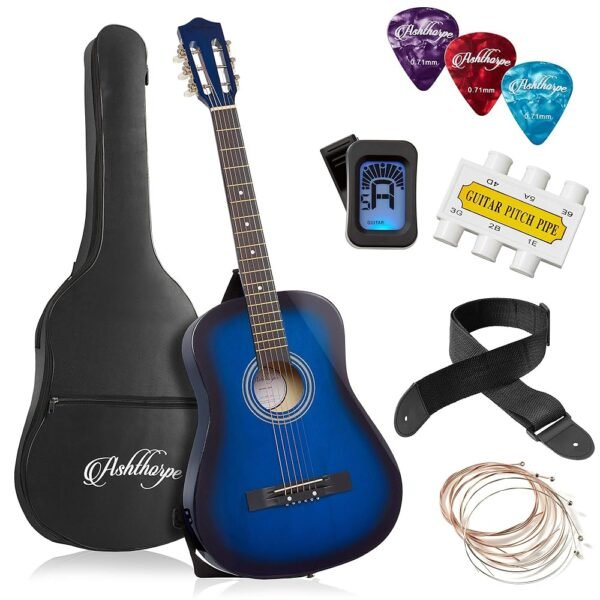 Ashthorpe 38-inch Beginner Acoustic Guitar Package (Blue), Basic Starter Kit w/Gig Bag, Strings, Strap, Tuner, Pitch Pipe, Picks Ashthorpe 38-inch Beginner Acoustic Guitar Package (Blue), Basic Starter Kit w/Gig Bag, Strings, Strap, Tuner, Pitch Pipe, Picks