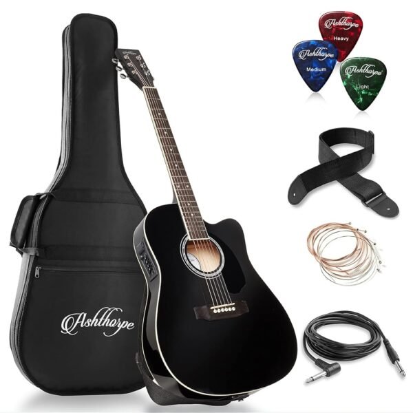 Ashthorpe Full-Size Cutaway Thinline Acoustic-Electric Guitar Package - Premium Tonewoods - Black Ashthorpe Full-Size Cutaway Thinline Acoustic-Electric Guitar Package - Premium Tonewoods - Black