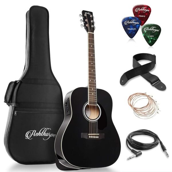 Ashthorpe Full-Size Dreadnought Acoustic-Electric Guitar Bundle - Premium Tonewoods - Black Ashthorpe Full-Size Dreadnought Acoustic-Electric Guitar Bundle - Premium Tonewoods - Black