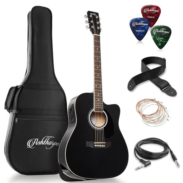 Ashthorpe Full-Size Dreadnought Cutaway Acoustic-Electric Guitar Bundle - Premium Tonewoods - Black Ashthorpe Full-Size Dreadnought Cutaway Acoustic-Electric Guitar Bundle - Premium Tonewoods - Black