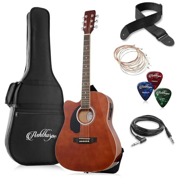 Ashthorpe Full-Size Left-Handed Dreadnought Cutaway Acoustic-Electric Guitar Bundle - Premium Tonewoods - Brown Ashthorpe Full-Size Left-Handed Dreadnought Cutaway Acoustic-Electric Guitar Bundle - Premium Tonewoods - Brown