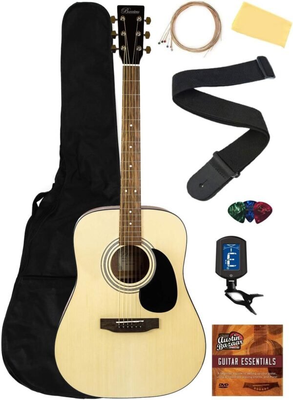 Barcelona D500 Dreadnought Acoustic Guitar - Natural Bundle with Gig Bag, Strings, Tuner, Strap, Picks, Fender Play Online Lessons, Austin Bazaar Instructional DVD, and... Barcelona D500 Dreadnought Acoustic Guitar - Natural Bundle with Gig Bag, Strings, Tuner, Strap, Picks, Fender Play Online Lessons, Austin Bazaar Instructional DVD, and...