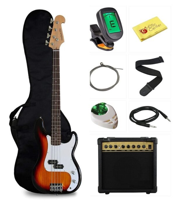 Beginner Series Bass Guitar Bundle with 15-Watt Amp, Gig Bag, Instrument Cable, Strap, Picks, and Polishing Cloth - Sunburst Beginner Series Bass Guitar Bundle with 15-Watt Amp, Gig Bag, Instrument Cable, Strap, Picks, and Polishing Cloth - Sunburst