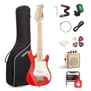 Donner 30 Inch Kids Electric Guitar Beginner Kits ST Style Mini Electric Guitar for Boys Girls with Amp, 600D Bag, Tuner, Picks, Cable, Strap, Extra Strings, DSJ-100, Red Donner 30 Inch Kids Electric Guitar Beginner Kits ST Style Mini Electric Guitar for Boys Girls with Amp, 600D Bag, Tuner, Picks, Cable, Strap, Extra Strings, DSJ-100, Red