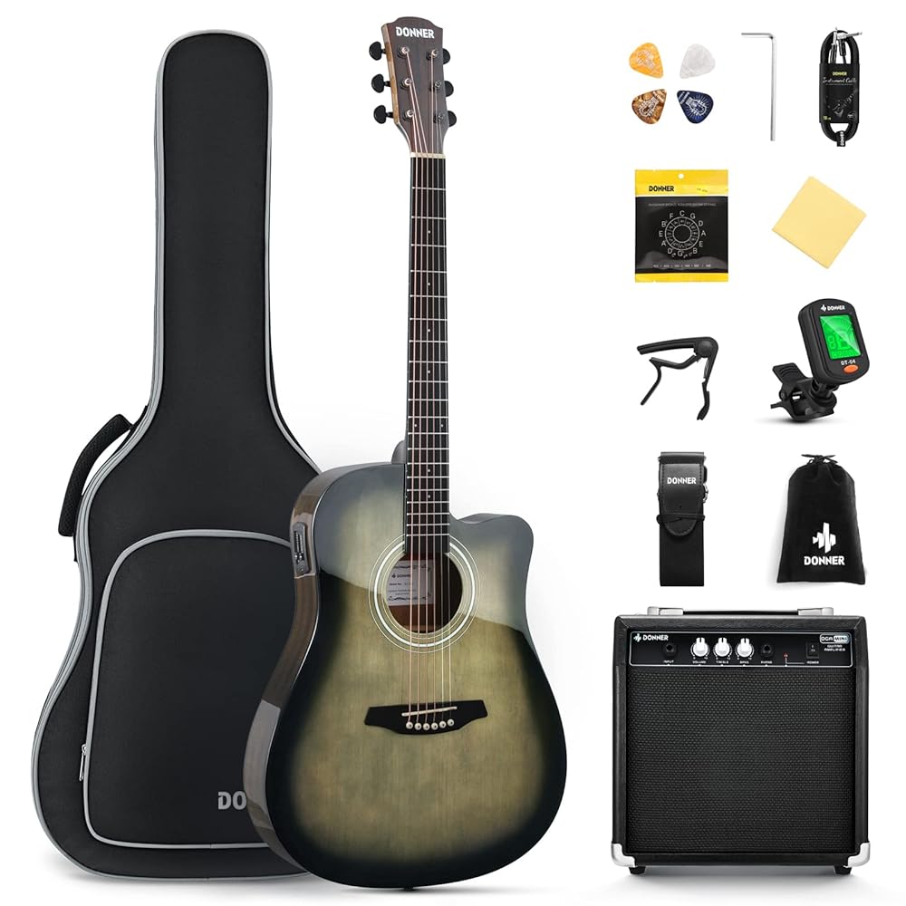 Donner Acoustic Electric Guitar Full Size Kit for Beginner Intermediate with Amplifier Capo Pick Tuner Strings Strap - 41 Inch