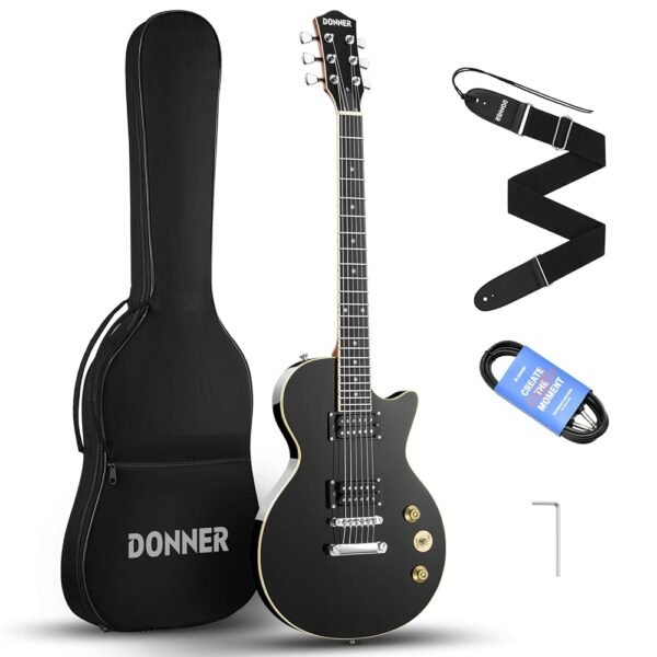Donner Electric Guitar LP Solid Body, Full-Size 39 Inch Electric Guitar Beginner Kit Black with Bag, Cable, Strap, DLP-124B Donner Electric Guitar LP Solid Body, Full-Size 39 Inch Electric Guitar Beginner Kit Black with Bag, Cable, Strap, DLP-124B