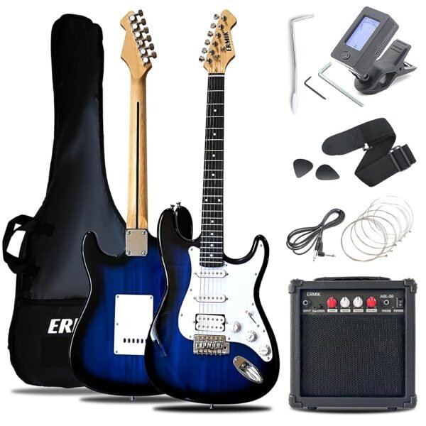 Ermik Soild Body Electric Guitar Kit with Amp 20W, Strings, Strap, Digital Tuner, Picks, Gig Bag, Cable, Tremolo Bar, 39" Full Size Guitar HSS Pickups Guitarra Electrica... Ermik Soild Body Electric Guitar Kit with Amp 20W, Strings, Strap, Digital Tuner, Picks, Gig Bag, Cable, Tremolo Bar, 39" Full Size Guitar HSS Pickups Guitarra Electrica...