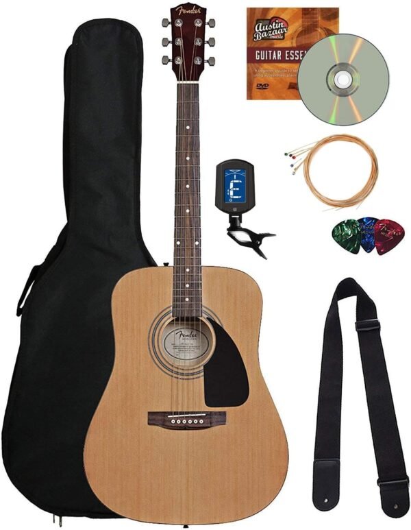 Fender Dreadnought Acoustic Guitar - Natural Bundle with Fender Play Online Lessons, Gig Bag, Tuner, Strings, Strap, Picks, and Austin Bazaar Instructional DVD Fender Dreadnought Acoustic Guitar - Natural Bundle with Fender Play Online Lessons, Gig Bag, Tuner, Strings, Strap, Picks, and Austin Bazaar Instructional DVD