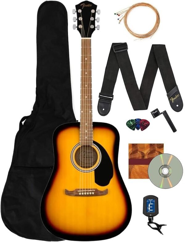 Fender Dreadnought Acoustic Guitar - Sunburst Bundle with Gig Bag, Tuner, Strap, Strings, String Winder, Picks, Fender Play Online Lessons, and Austin Bazaar Instructional DVD Fender Dreadnought Acoustic Guitar - Sunburst Bundle with Gig Bag, Tuner, Strap, Strings, String Winder, Picks, Fender Play Online Lessons, and Austin Bazaar Instructional DVD