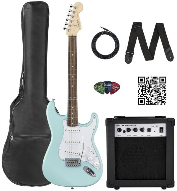 Fender Squier Stratocaster Electric Guitar - Daphne Blue Bundle with Amplifier, Gig Bag, Cable, Strap, Picks, and Austin Bazaar Instructional Video Fender Squier Stratocaster Electric Guitar - Daphne Blue Bundle with Amplifier, Gig Bag, Cable, Strap, Picks, and Austin Bazaar Instructional Video