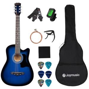 Joymusic 38 inch blueburst beginner acoustic guitar kit,bundle with a strap with picks holder,digital tuner, set strings, capo,cleaning cloth,6 picks,gig bag.(JG-38C,BLS) Joymusic 38 inch blueburst beginner acoustic guitar kit,bundle with a strap with picks holder,digital tuner, set strings, capo,cleaning cloth,6 picks,gig bag.(JG-38C,BLS)