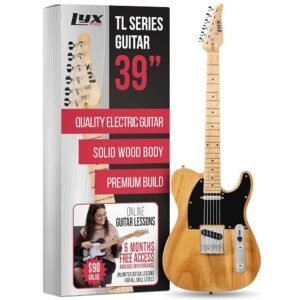 LyxPro 39” Electric Guitar TL Series, Full-Size Paulownia Wood Body, 3-Ply Pickguard, C-Shape Neck, Ashtray Bridge, Quality Gear Tuners, 3-Way Switch & Volume/Tone Controls, 2... LyxPro 39” Electric Guitar TL Series, Full-Size Paulownia Wood Body, 3-Ply Pickguard, C-Shape Neck, Ashtray Bridge, Quality Gear Tuners, 3-Way Switch & Volume/Tone Controls, 2...