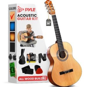 Pyle Beginner Acoustic Guitar Kit, 3/4 Junior Size All Wood Instrument for Kids, Adults, 36" Natural Wood Gloss Pyle Beginner Acoustic Guitar Kit, 3/4 Junior Size All Wood Instrument for Kids, Adults, 36" Natural Wood Gloss