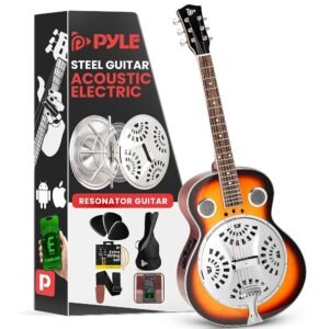Pyle Electro Resophonic Acoustic Electric Guitar Set, Full Size Round Neck Traditional Resonator, Built-in Pre Amplifier, White Pyle Electro Resophonic Acoustic Electric Guitar Set, Full Size Round Neck Traditional Resonator, Built-in Pre Amplifier, White