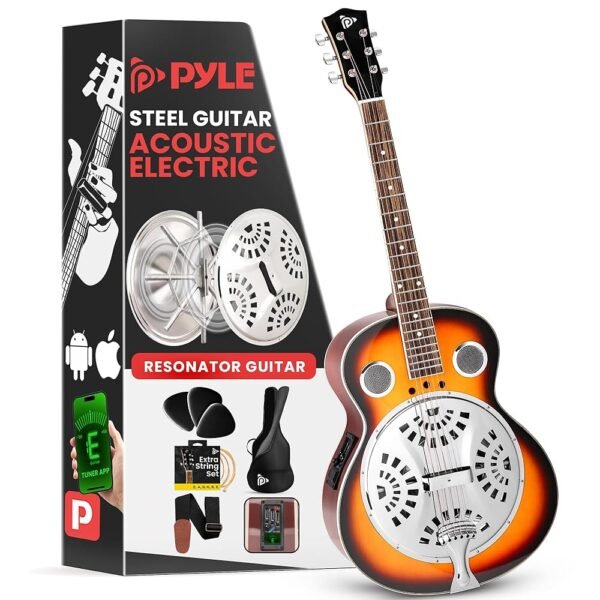 Pyle Electro Resophonic Acoustic Electric Guitar Set, Full Size Round Neck Traditional Resonator, Built-in Pre Amplifier, White Pyle Electro Resophonic Acoustic Electric Guitar Set, Full Size Round Neck Traditional Resonator, Built-in Pre Amplifier, White