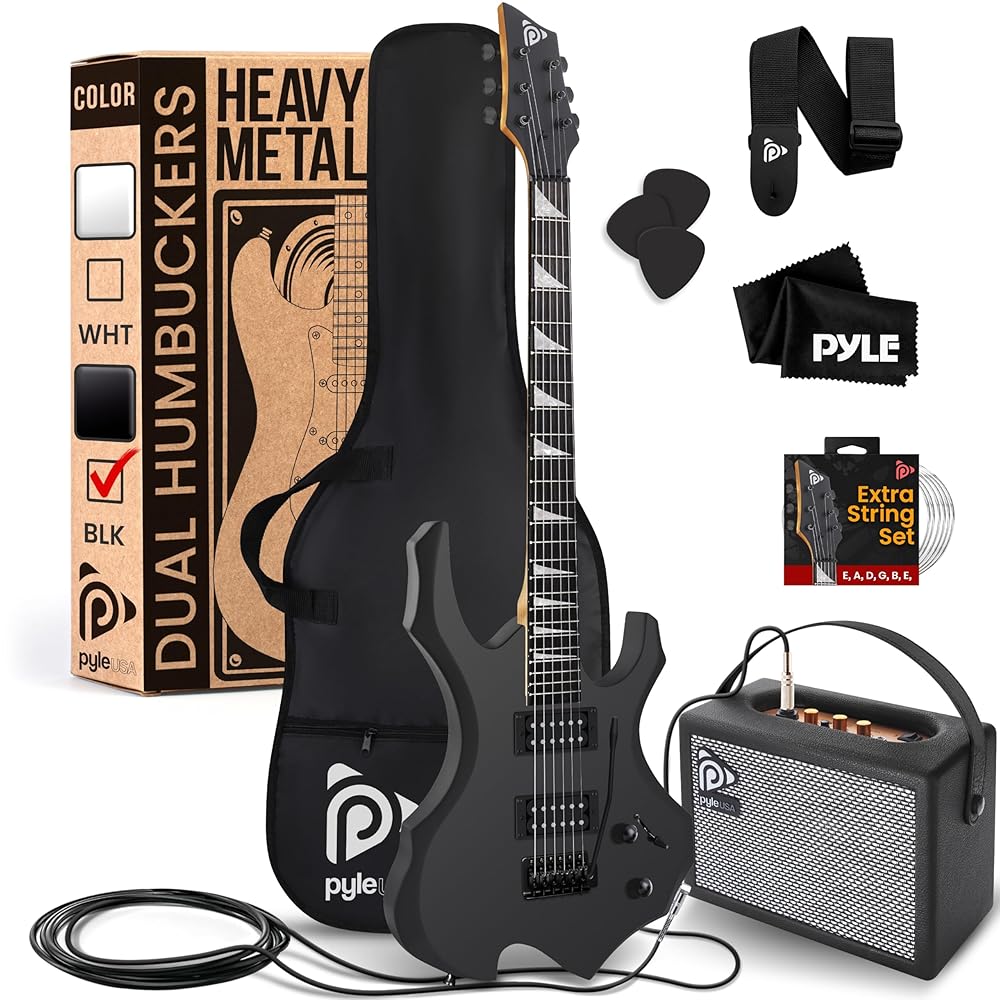 Pyle Heavy Metal EG Fire Electric Guitar Axe w/ Amplifier Kit, Full Size Instrument w/ Practice Amp & Accessories, Black Matte