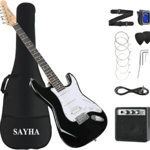 SAYHA Electric Guitar, 39 Inch Solid Full-size Electric Guitar HSS Pickups Starter Kit Includes Amplifier, Bag, Digital Tuner, Strap, String, Cable, Picks(Black) SAYHA Electric Guitar, 39 Inch Solid Full-size Electric Guitar HSS Pickups Starter Kit Includes Amplifier, Bag, Digital Tuner, Strap, String, Cable, Picks(Black)
