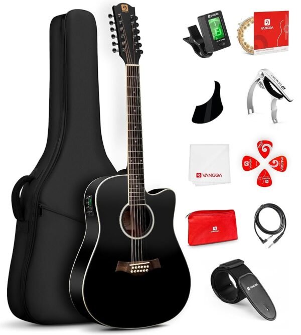 Vangoa 12 String Guitar Acoustic Electric, Upgraded Guitar 12 Strings Bundle for Beginner Intermediate Adults Teens, Guitarra de 12 Cuerdas, Spruce Top Bone Nut, Black, Matte Vangoa 12 String Guitar Acoustic Electric, Upgraded Guitar 12 Strings Bundle for Beginner Intermediate Adults Teens, Guitarra de 12 Cuerdas, Spruce Top Bone Nut, Black, Matte