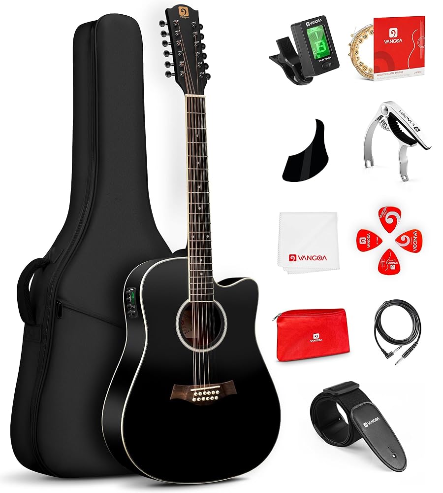 Vangoa 12 String Guitar Acoustic Electric, Upgraded Guitar 12 Strings Bundle for Beginner Intermediate Adults Teens, Guitarra de 12 Cuerdas, Spruce Top Bone Nut, Black, Matte