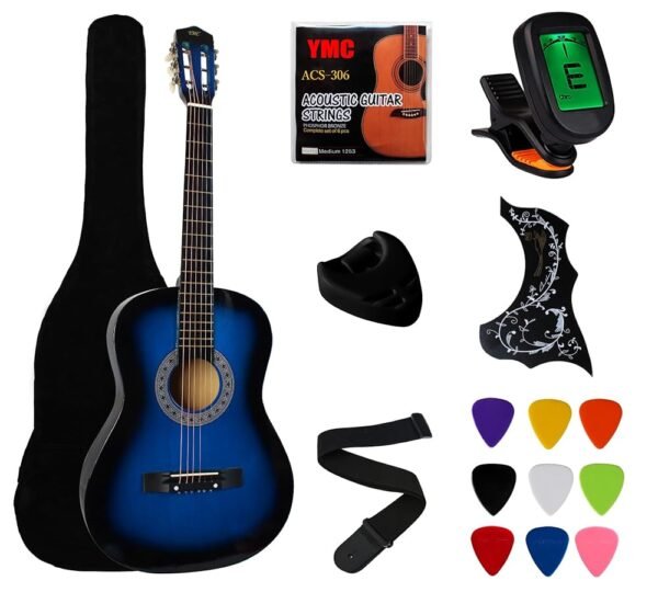 YMC 38" Blue Beginner Acoustic Guitar Starter Package Student Guitar with Gig Bag,Strap, 3 thickness 9 Picks,2 Pickguards,Pick Holder, Extra Strings, Electronic Tuner -Blue YMC 38" Blue Beginner Acoustic Guitar Starter Package Student Guitar with Gig Bag,Strap, 3 thickness 9 Picks,2 Pickguards,Pick Holder, Extra Strings, Electronic Tuner -Blue